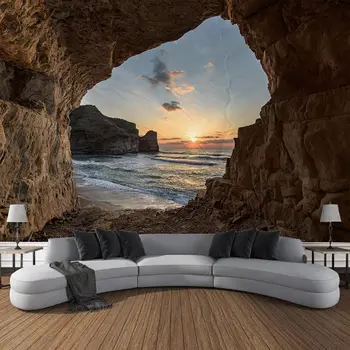 Пещерный пейзаж с морской водой, настенный гобелен, художественное украшение, одеяло, занавеска, подвесная домашняя спальня, украшение гостиной