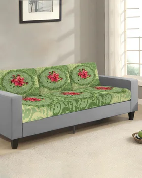 Чехол для дивана с рождественским зеленым узором Пуансеттия для гостиной, эластичный чехол для диванной подушки, защита мебели для дома