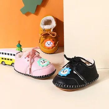 Зимняя обувь для мальчиков и девочек 0-1 лет, обувь для предварительной ходьбы, плюшевая и толстая хлопчатобумажная обувь, удобная обувь для обучения