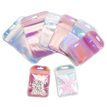50шт Розовых самозаклеивающихся лазерных маленьких пластиковых пакетов для сережек, сумок для показа ювелирных изделий, подарочной упаковки, органайзера, сумки для хранения