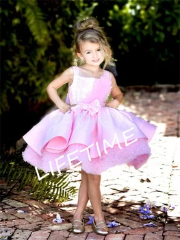 Блестящее розовое платье в цветочек для девочек, без рукавов, Трапециевидное платье принцессы для девочек, свадебное платье в складку длиной до колен, простое платье для Первого причастия