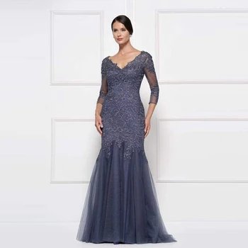 Темно-синие платья для матери невесты с русалочкой, V-образный вырез, рукав Три четверти, длинное вечернее платье с кружевной аппликацией на спине, платье для выпускного вечера