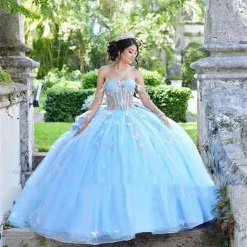 Светло-Голубое Бальное Платье Принцессы Пышные Платья 3D Бабочка Цветок Бант Выпускной Вечерние Платья На День Рождения Sweet 16 Dress